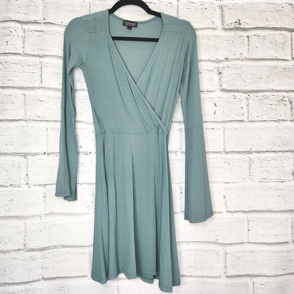 Topshop Women's Sage Green Ribbed Bell Long Sleeve Mini Paris Dress Size US 4 - Picture 4 of 16